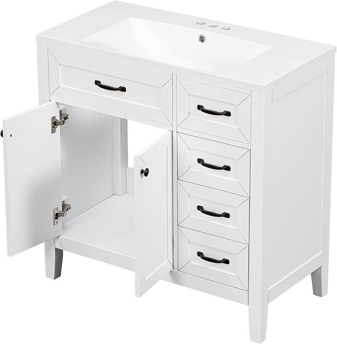36 Inch Bathroom Vanities with Undermount Ceramic Sink, Storage Cabinet with Soft Closing Doors and Three Drawers, Solid Wood Frame, White