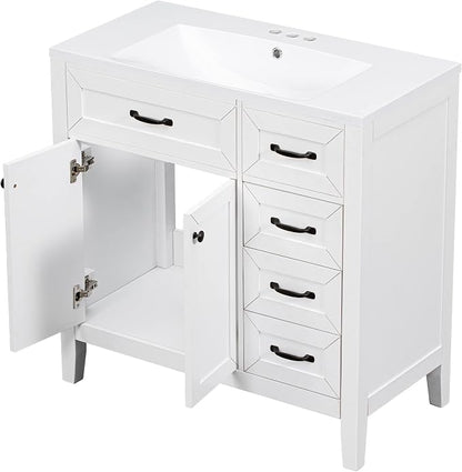 36 Inch Bathroom Vanities with Undermount Ceramic Sink, Storage Cabinet with Soft Closing Doors and Three Drawers, Solid Wood Frame, White