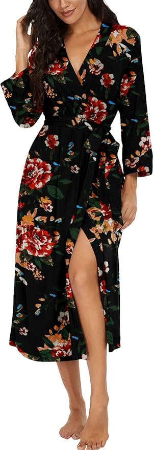 VINTATRE Women Kimono Robes Long Knit Bathrobe Lightweight Soft Knit Sleepwear V-neck Casual Ladies Loungewear