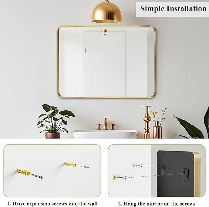 Fabuday Gold Bathroom Mirror 40x30 Inch - Large Brushed Metal Frame Mirror Over Sink, Rectangular Wall Mounted Vanity Mirror for Bedroom, Living Room, Farmhouse Style, Heavy-Duty Hooks