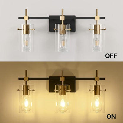 SOLFART Vintage Vanity Lights Bathroom Light Fixture Over Mirror for Bath Glass Shade Light Black and Brass Modern Style 3 Lights