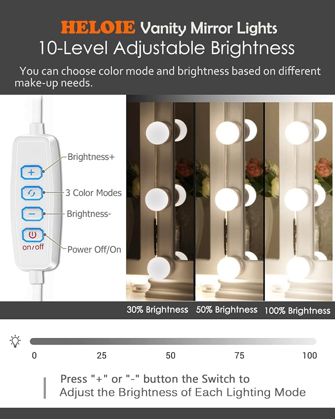LED Vanity Mirror Lights,Hollywood Style,14 Bulbs Makeup Light | Stick On for Dresser Mirror,3 Color Lighting & Dimmable,Bright,No Drill,USB 5V,Power Off Memory,High CRI Shadow-Free