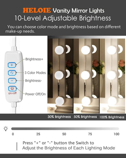 LED Vanity Mirror Lights,Hollywood Style,14 Bulbs Makeup Light | Stick On for Dresser Mirror,3 Color Lighting & Dimmable,Bright,No Drill,USB 5V,Power Off Memory,High CRI Shadow-Free