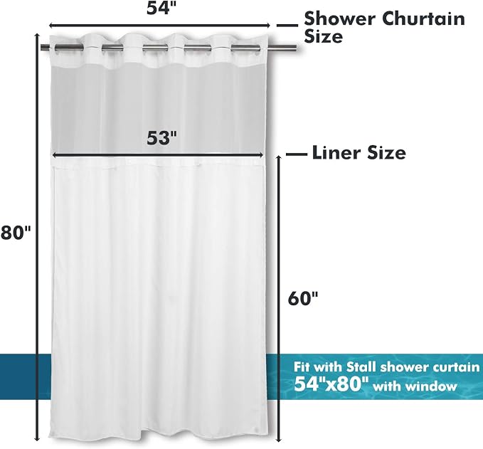 River Dream Fabric Snap in Shower Curtain Liner Replacement,White,53x60 | with Magnets,Detachable Liner,Quick Dry，Machine Washable，Fit for River Dream 54(W) x 80(H) with Window Shower Curtain