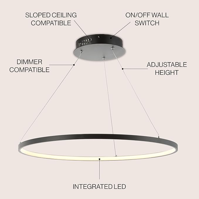 JONATHAN Y 23.75" Matte Black Modern Integrated LED Pendant Light, Dimmable Round Hoop Chandelier for Kitchen Island, Dining Room, Adjustable Height Metal Hanging Light (JYL7203A)
