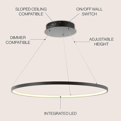 JONATHAN Y 23.75" Matte Black Modern Integrated LED Pendant Light, Dimmable Round Hoop Chandelier for Kitchen Island, Dining Room, Adjustable Height Metal Hanging Light (JYL7203A)