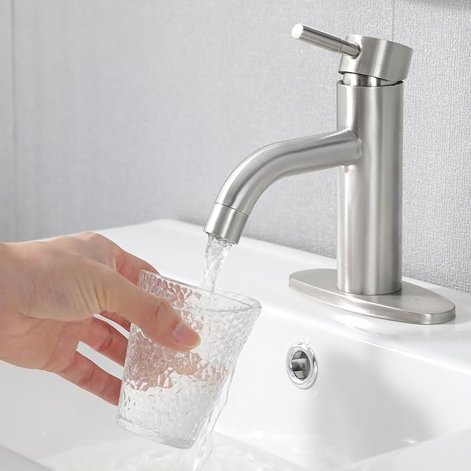 HOTIS Brushed Nickel Bathroom Faucet, Single Hole Bath Sink Faucet with Pop-up Drain, Suitable for 1 or 3 Hole Installation, Single Handle for Bathroom Sink, RV and Vanity, HT-HJ-052L-D