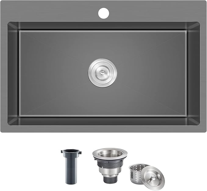 Black Topmount Kitchen Sink - 28”×18” Single Bowl Sink | 9 Inch Deep Handmade Bar Sink with Strainer, Stainless Steel 304, Center Drain, X-Groove Drainage, Sound-Dampening Pad