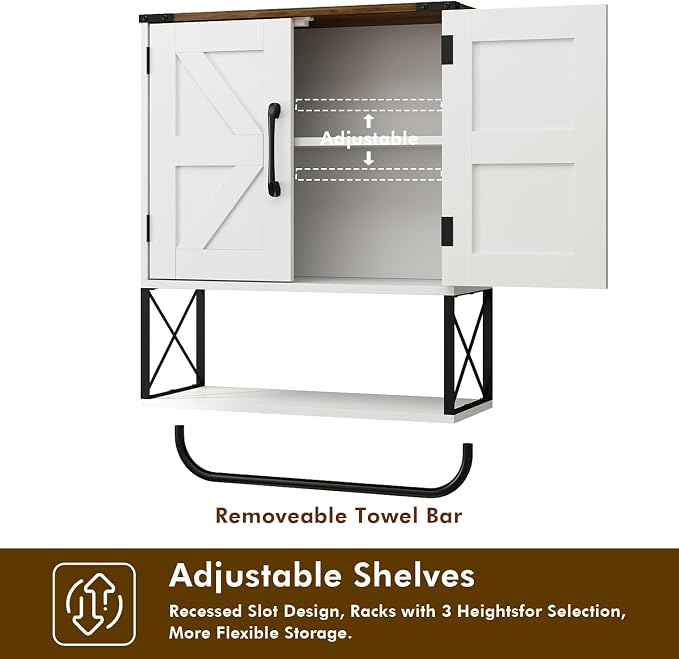 RUSTOWN Farmhouse Medicine Cabinet with 2 Barn Door & Towel Bar Rack | Boho Wood Wall Mounted Storage Cabinet with Adjustable Shelf, 3-Tier Above Toilet Cabinet for Bathroom, Laundry, Living Room
