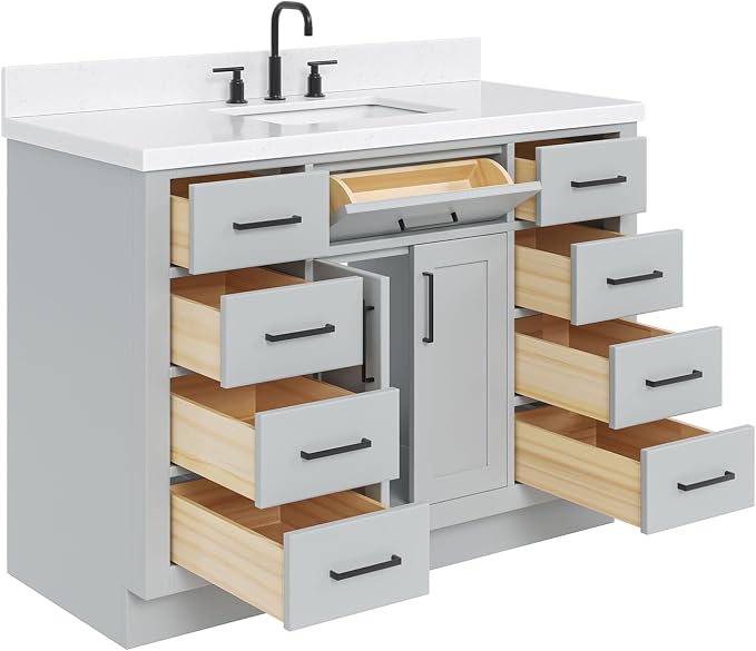 DKB Isabella 48-Inch Bathroom Vanity with Sink — Grey Single Sink Bathroom Vanity, 1.5" Edge Carrara Quartz Countertop, Solid Wood, 2 Soft-Close Doors, 8 Dovetail Drawers + Tilt Drawer