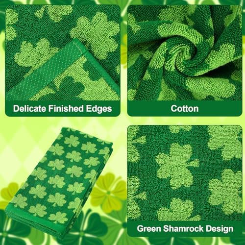 Whaline St. Patrick's Day Hand Towels Shamrock Jacquard Cotton Bathroom Towel Green Lucky Clover Absorbent Bath Towel for Kitchen Dish Drying Cleaning Cooking, 29.5 x 13.4 Inch, 2Pcs