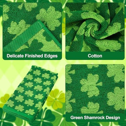 Whaline St. Patrick's Day Hand Towels Shamrock Jacquard Cotton Bathroom Towel Green Lucky Clover Absorbent Bath Towel for Kitchen Dish Drying Cleaning Cooking, 29.5 x 13.4 Inch, 2Pcs