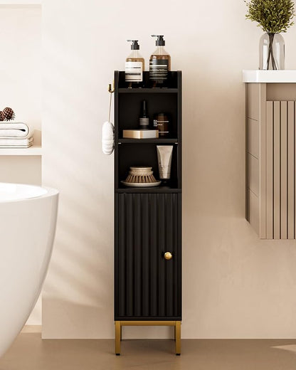 Narrow Bathroom Storage Cabinet, 33.2" H Thin Free Standing Floor Organizer with Door & Shelves, Black Slim Toilet Paper Holder Stand, Cabinet Organizer for Tight Small Spaces