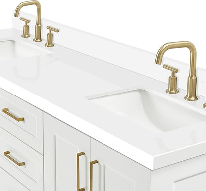 ARIEL Taylor 66-inch Bathroom Vanity with Sink,Solid Wood, 1.5-inch Pure White Quartz Countertop & Backsplash, Double Oval Porcelain Sink, 4 Soft Closing Doors, 5 Dovetail Drawers, Satin Brass, White