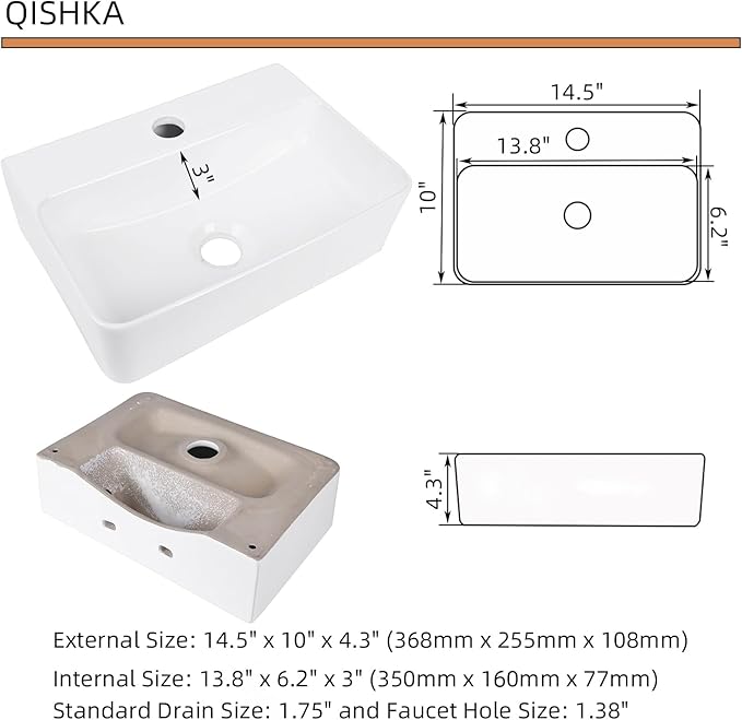 Wall Hung Bathroom Vessel Sink, QISHKA 14.5" X 10" Rectangular Floating Ceramic Wash Hand Basin White Wall Mount Vanity Sink for Small Bathroom and Small Cloakroom