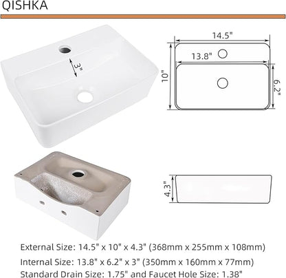 Wall Hung Bathroom Vessel Sink, QISHKA 14.5" X 10" Rectangular Floating Ceramic Wash Hand Basin White Wall Mount Vanity Sink for Small Bathroom and Small Cloakroom