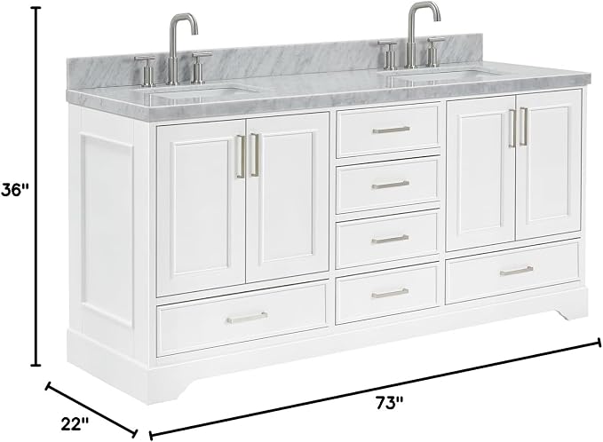 Langford 72-inch White Bathroom Vanity with Left & Right Rectangle Double Sinks, Italian Carrara Marble Countertop & Backsplash, Solid Wood Frame, Soft-Closing & Dovetail Drawers