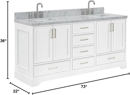 Langford 72-inch White Bathroom Vanity with Left & Right Rectangle Double Sinks, Italian Carrara Marble Countertop & Backsplash, Solid Wood Frame, Soft-Closing & Dovetail Drawers
