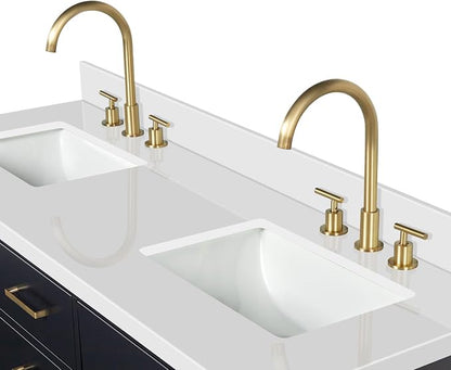 ARIEL Hepburn 60-inch Bathroom Vanity with Sink,Solid Wood, 1.5-inch Pure White Quartz Countertop & Backsplash, Double Rectangular Porcelain Sink, 4 Soft Closing Doors, 6 Dovetail Drawers, Black