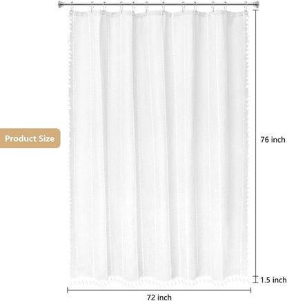 Seenus 72 x 76 inch Extra Long Boho Farmhouse Shower Curtain Heavyweight with Tassels, Soft Linen Textured Fabric Shower Curtain French Country, Elegant White Striped Bathroom Curtain Water Repellent
