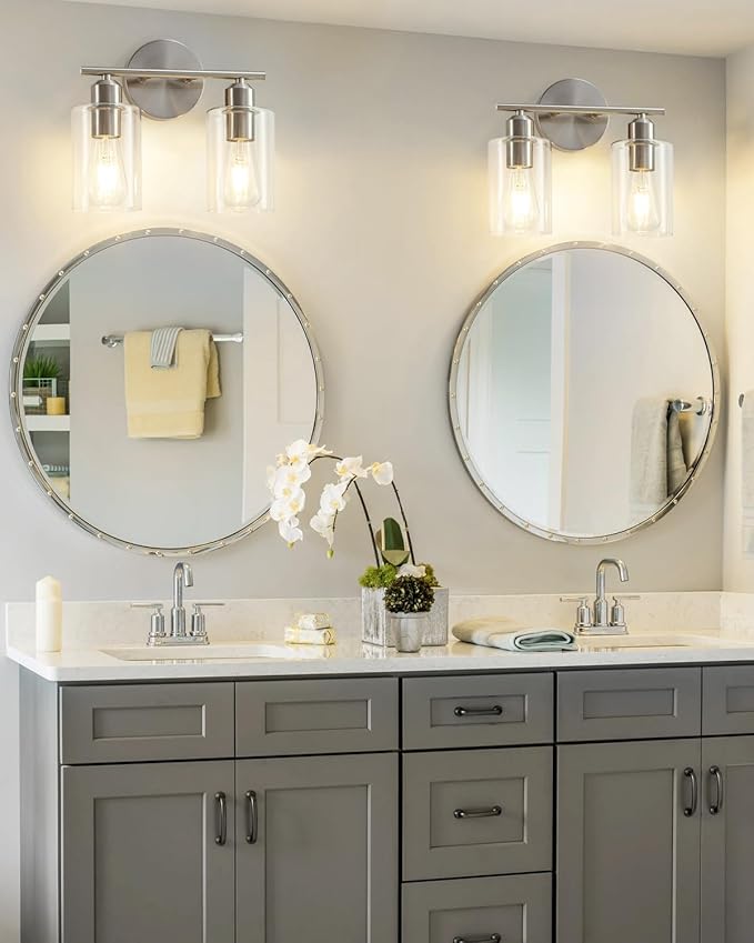 Bathroom Light Fixtures, 2-Light Brushed Nickel Vanity Lights, Modern Bathroom Lighting Fixtures Over Mirror with Clear Glass Shade, Wall Sconce Lighting for Bedroom Living Room