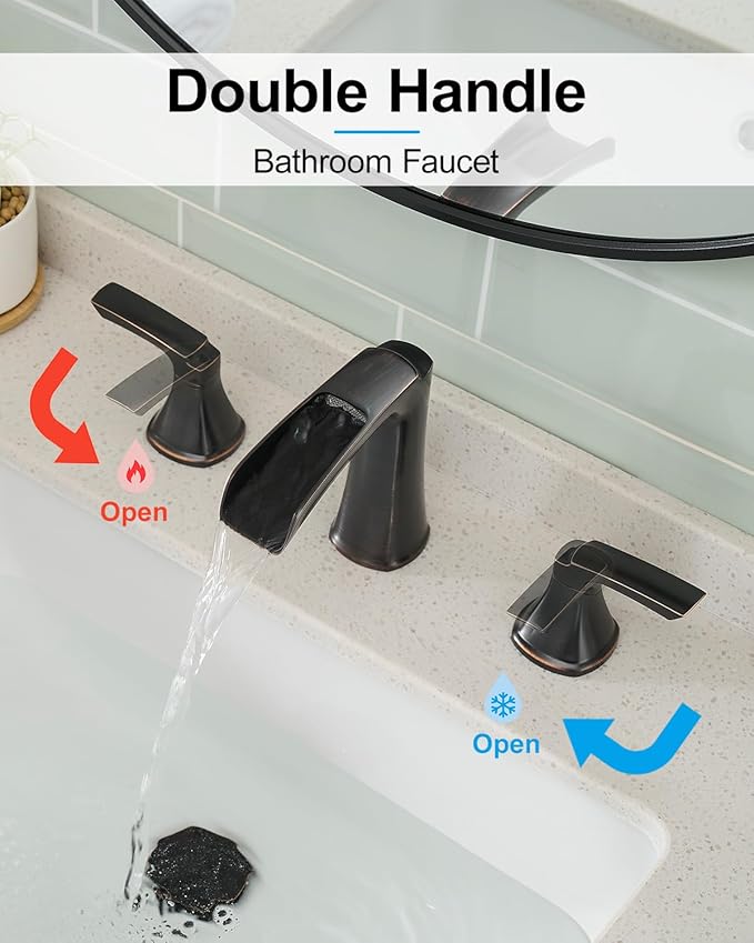 Fapully Oil Rubbed Bronze Bathroom Faucet 3 Hole, Waterfall 8 Inch Two-Handle Widespread Bathroom Sink Faucet with Pop-up Drain