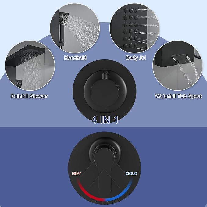 ROVATE Shower Panel Tower System with Rainfall Shower Head, Matte Black | Shower Tower with Powerful Body Jets, Handheld Shower and Tub Spout, Stainless Steel Shower Column Black High Pressure