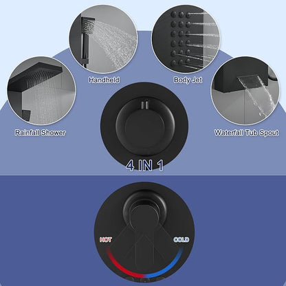 ROVATE Shower Panel Tower System with Rainfall Shower Head, Matte Black | Shower Tower with Powerful Body Jets, Handheld Shower and Tub Spout, Stainless Steel Shower Column Black High Pressure
