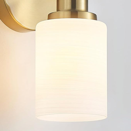 6-Light Vanity Lights, Brushed Gold Bathroom Light Fixture with Striped Textured Milky White Glass Shade, E26 Wall Sconce, Modern Vanity Lighting Fixture for Bathroom Wall Light Over Mirror