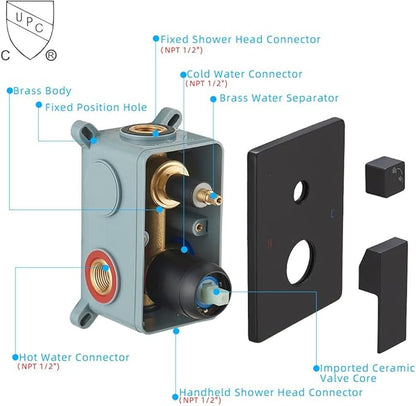 16 Inch Ceiling Mount Matte Black Shower System Bathroom Luxury Rain Mixer Shower Combo Set Ceiling Rainfall Shower Head System (Contain Shower Faucet Rough-in Valve Body and Trim Kit)