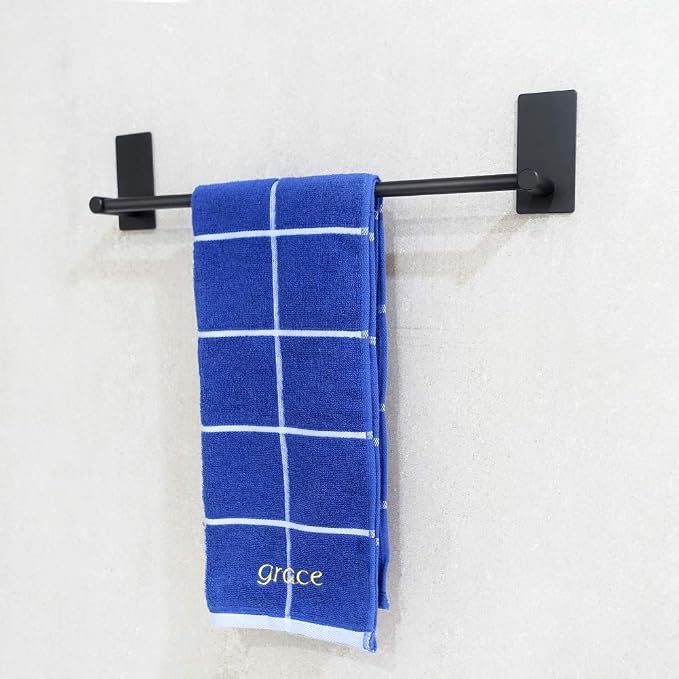 NearMoon Self Adhesive Bathroom Towel Bar- Stainless Steel Bath Wall Shelf Rack Hanging Towel Stick On Sticky Hanger Contemporary Style, NO Drilling (1 Pack, Matte Black, 16-Inch Towel Rack)