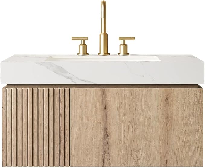 KEIKI 36 Inch Floating Bathroom Vanity with Sink, White Oak & White | Modern Wall Mounted Storage Cabinet w/ Drawer & Door, Pre-assembled Wood Panels, Sintered Stone Top & Ceramic Basin Combo Set