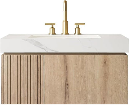 KEIKI 36 Inch Floating Bathroom Vanity with Sink, White Oak & White | Modern Wall Mounted Storage Cabinet w/ Drawer & Door, Pre-assembled Wood Panels, Sintered Stone Top & Ceramic Basin Combo Set