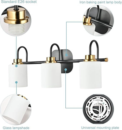 Mid Century Modern Matte Black and Gold 3 Lights Milky Glass Wall Light Fixture for Bathroom Modern Bathroom Vanity Lights Over Mirror(Exclude E26 Bulb)