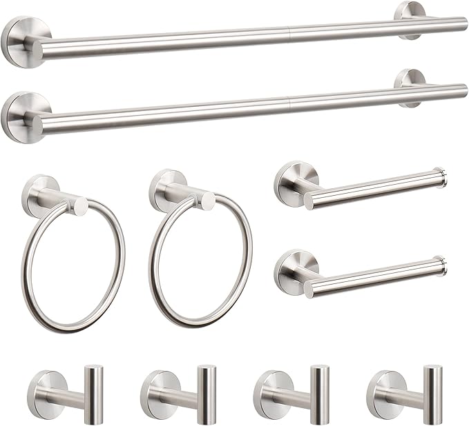 NearMoon 10 Pieces Bathroom Hardware Set SUS304 Thicken Stainless Steel-Towel Rack Kit Include 26" Towel Rod + Bath Towel Ring + Toilet Paper Holder + Robe Towel Hooks Bath Accessories (Nickel)