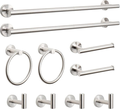 NearMoon 10 Pieces Bathroom Hardware Set SUS304 Thicken Stainless Steel-Towel Rack Kit Include 26" Towel Rod + Bath Towel Ring + Toilet Paper Holder + Robe Towel Hooks Bath Accessories (Nickel)
