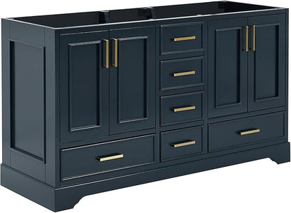 ARIEL Stafford 60-inch Bathroom Vanity Base Cabinet,Solid Wood, 4 Soft Closing Doors, 6 Dovetail Drawers, Satin Brass, Midnight Blue