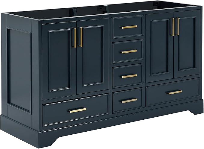 ARIEL Stafford 60-inch Bathroom Vanity Base Cabinet,Solid Wood, 4 Soft Closing Doors, 6 Dovetail Drawers, Satin Brass, Midnight Blue