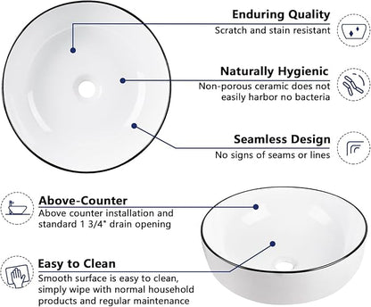 DeerValley 16'' Round Vessel Sink, Bathroom Sinks Above Counter White Ceramic Bathroom Vessel Sinks, Porcelain Sink Bowl for Bathroom, White Body with Black Trim Vanity Sink Basin DV-1V0030