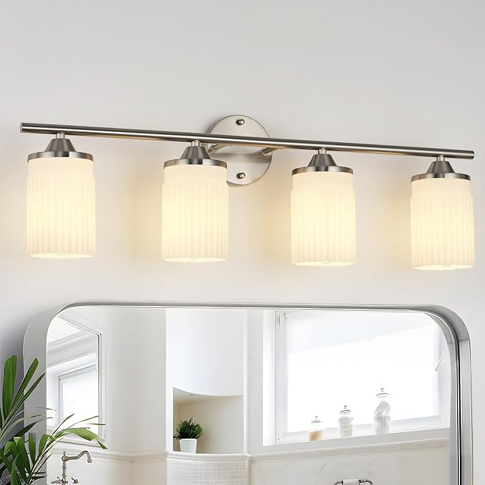 Jonsi Nickel Bathroom Light Fixtures 4-Light Vanity Lights Modern Wall Sconce with Milk White Shade Brushed Nickel Bathroom Light Fixture Over Mirror for Bedroom Hallway Kitchen