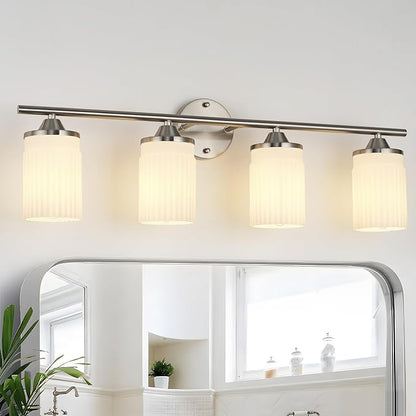 Jonsi Nickel Bathroom Light Fixtures 4-Light Vanity Lights Modern Wall Sconce with Milk White Shade Brushed Nickel Bathroom Light Fixture Over Mirror for Bedroom Hallway Kitchen