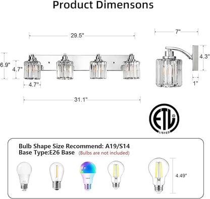 4 Lights Crystal Bathroom Vanity Light Modern Chrome Bathroom Light Fixture Bathroom Lighting Fixtures Over Mirror for Mirror E26 Base