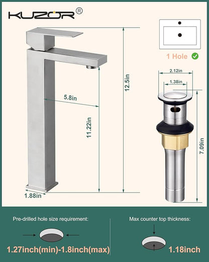 Tall Vessel Sink Faucet, Single Hole Bathroom Faucet with Pop-Up Drain, 304 Stainless Steel Brushed Nickel for Modern Bath/Vanity