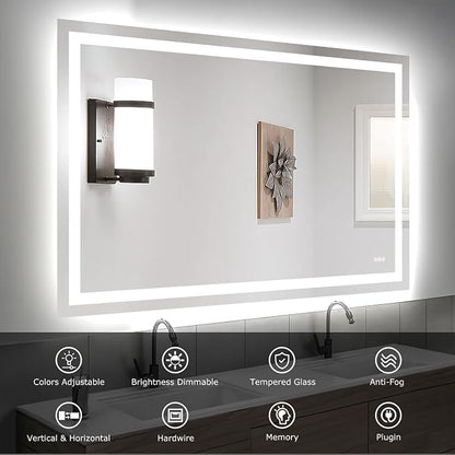 Hivone 60"X40" LED Bathroom Mirror with Lights, Anti-Fog, Dimmable, Backlit + Front Lit, Smart Bathroom Vanity Mirror, Memory Function, Shatterproof, Tempered Glass (Horizontal/Vertical)