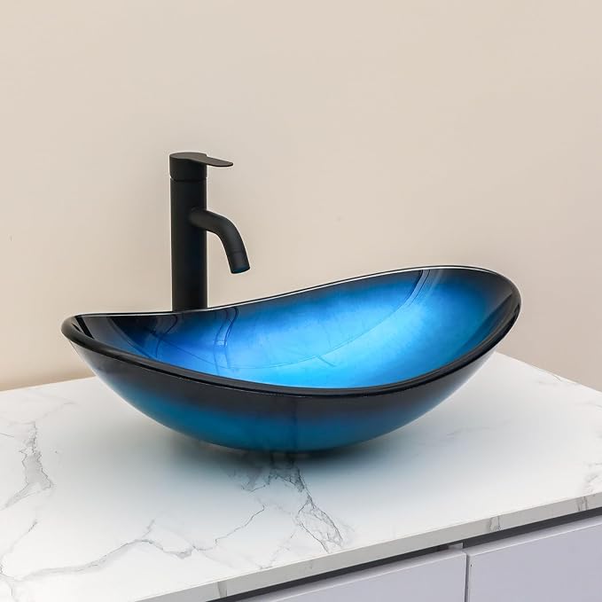 Sarlai Blue Boat Shap Bathroom Vessel Sink with Black Faucet and Pop Drain 21 x 14 Inch Modern Artistic Tempered Glass Basin Countertop Bowl Sink