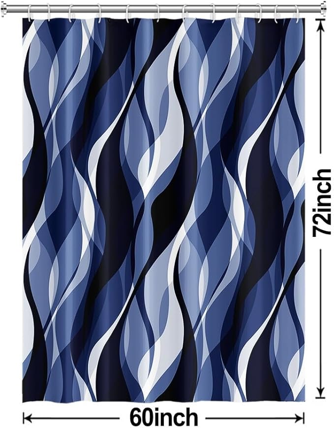 Navy Blue Shower Curtain, Modern Abstract Black and Blue Striped Shower Curtain Set for Bathroom Waterproof Shower Curtain with Hooks, 60x72 Inch