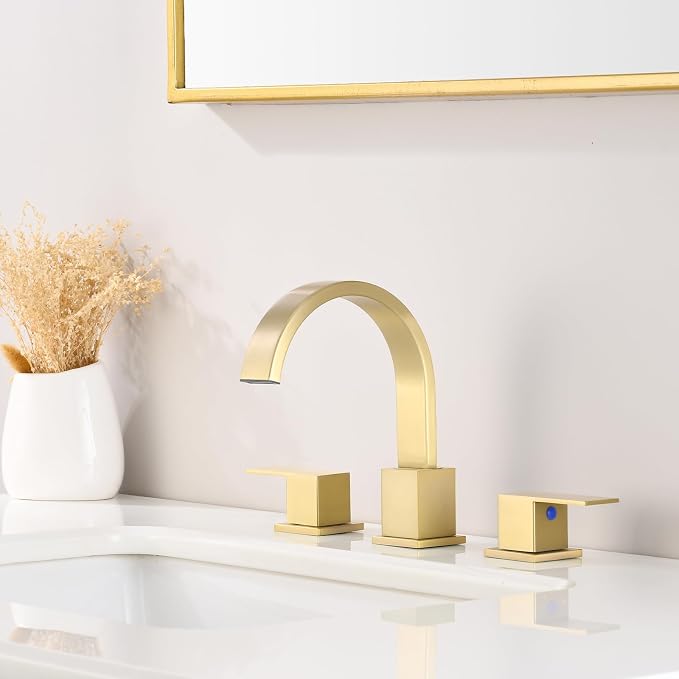 Widespread Brushed Gold Bathroom Faucets, Waterfall Golden Stainless Steel Bathroom Faucet for Sink 3 Hole, Vanity Lavatory Faucets with Drain & Water Hoses, 8 Inch, Lead-Free, 360° Swivel