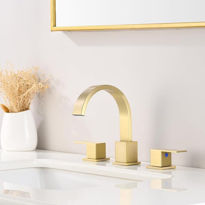 Widespread Brushed Gold Bathroom Faucets, Waterfall Golden Stainless Steel Bathroom Faucet for Sink 3 Hole, Vanity Lavatory Faucets with Drain & Water Hoses, 8 Inch, Lead-Free, 360° Swivel