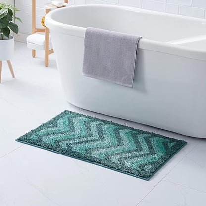 Hearth & Harbor Bathroom Rugs, Shaggy Plush Bath Mat, Ultra Soft Non Slip Backing Rubber, Chevron Design Bath Rug, Green, 20 x 32 Inch