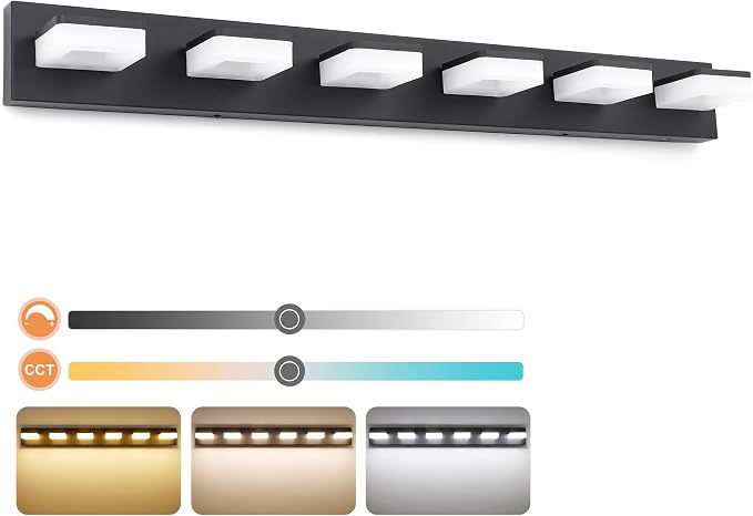 GOODATE 3 Colors Dimmable Bathroom Light Fixtures Over Mirror, LED Black Vanity Lights, Acrylic Stainless Steel 6 Light Bathroom Vanity Light Fixtures, Adjustable 3000K/4000K/6000K, 360° Rotate